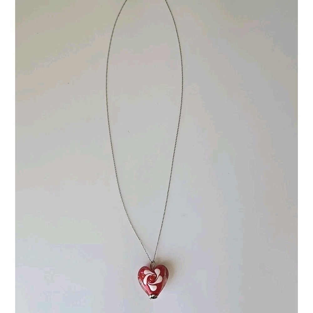 Midas 14K White Gold Chain Necklace 18" Fine Turkey Swirled Glass Heart‎ Pendant